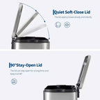 Stainless Steel Trash Can - Fingerprint-Proof,Soft-Close Lid, Removable Inner Bucket, Space-Saving Step Bin - for Kitchen, Office, Bathroom