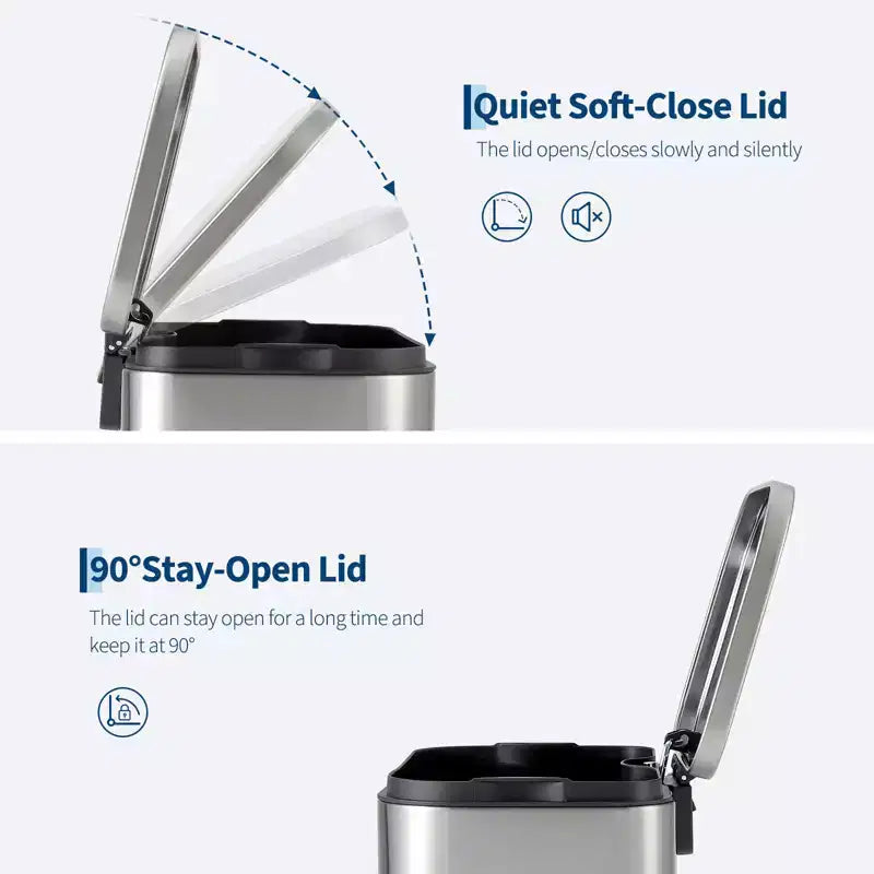 Stainless Steel Trash Can - Fingerprint-Proof,Soft-Close Lid, Removable Inner Bucket, Space-Saving Step Bin - for Kitchen, Office, Bathroom