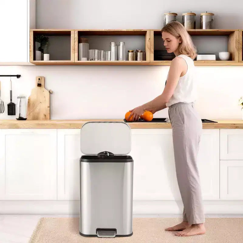 Stainless Steel Trash Can - Fingerprint-Proof,Soft-Close Lid, Removable Inner Bucket, Space-Saving Step Bin - for Kitchen, Office, Bathroom