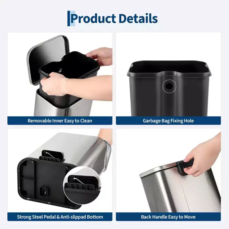 Stainless Steel Trash Can - Fingerprint-Proof,Soft-Close Lid, Removable Inner Bucket, Space-Saving Step Bin - for Kitchen, Office, Bathroom
