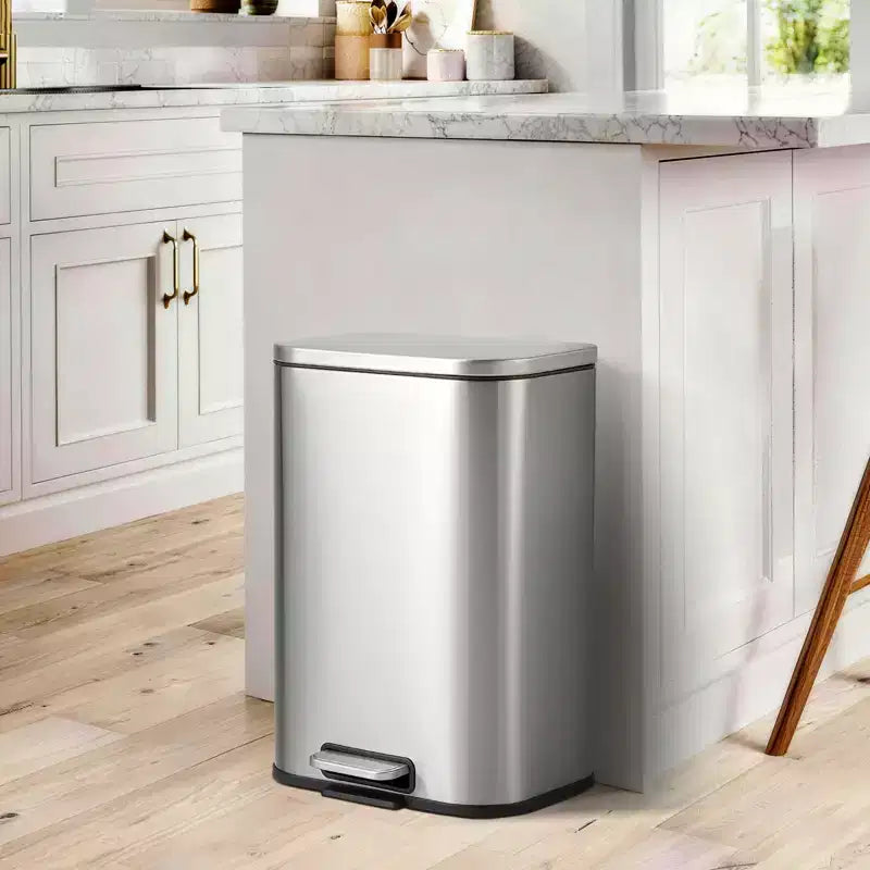 Stainless Steel Trash Can - Fingerprint-Proof,Soft-Close Lid, Removable Inner Bucket, Space-Saving Step Bin - for Kitchen, Office, Bathroom