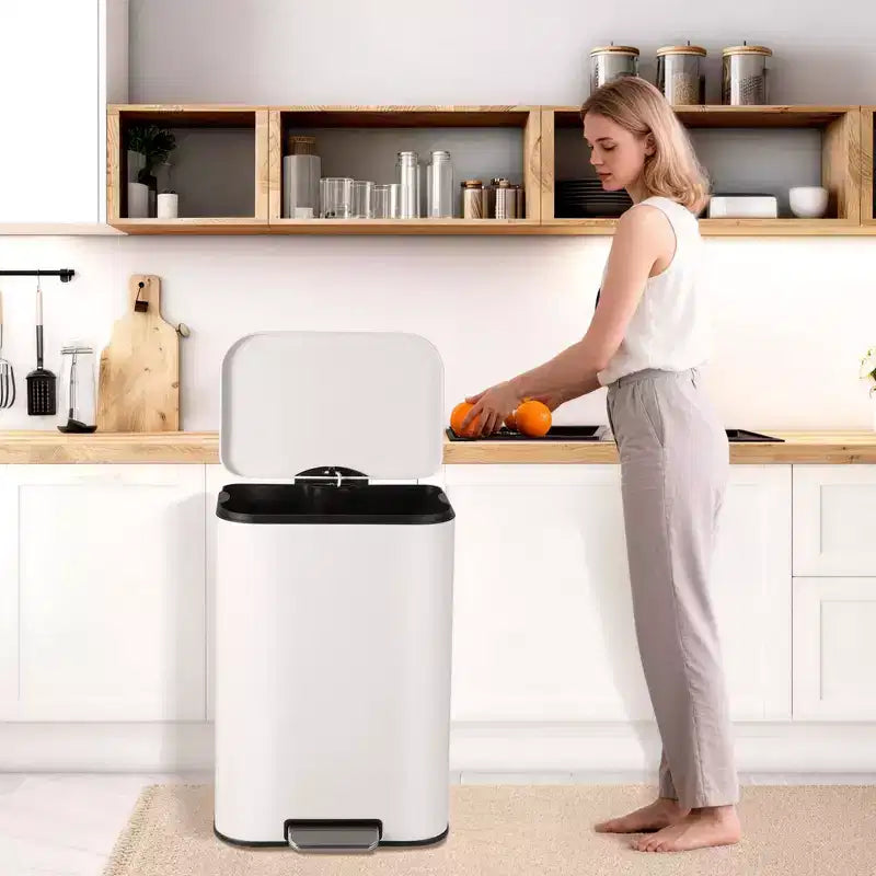 Stainless Steel Trash Can - Fingerprint-Proof,Soft-Close Lid, Removable Inner Bucket, Space-Saving Step Bin - for Kitchen, Office, Bathroom