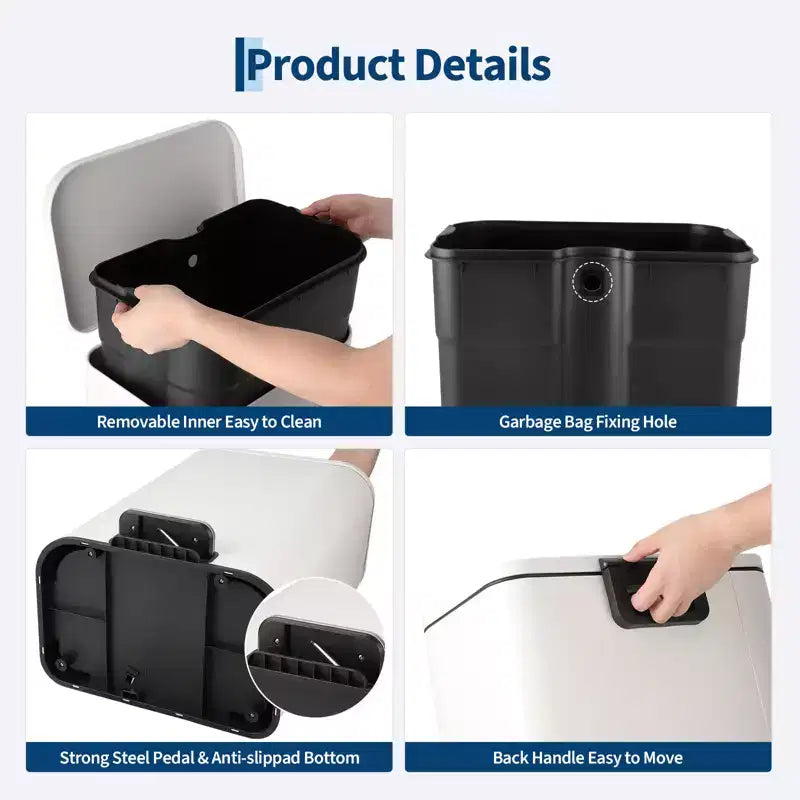 Stainless Steel Trash Can - Fingerprint-Proof,Soft-Close Lid, Removable Inner Bucket, Space-Saving Step Bin - for Kitchen, Office, Bathroom