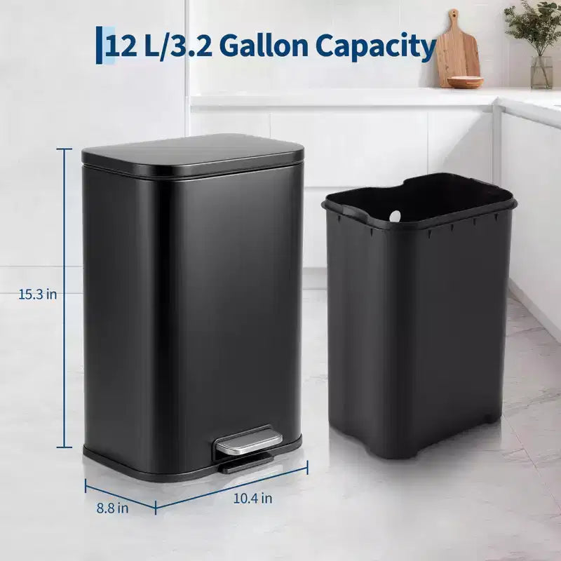 Stainless Steel Trash Can - Fingerprint-Proof,Soft-Close Lid, Removable Inner Bucket, Space-Saving Step Bin - for Kitchen, Office, Bathroom