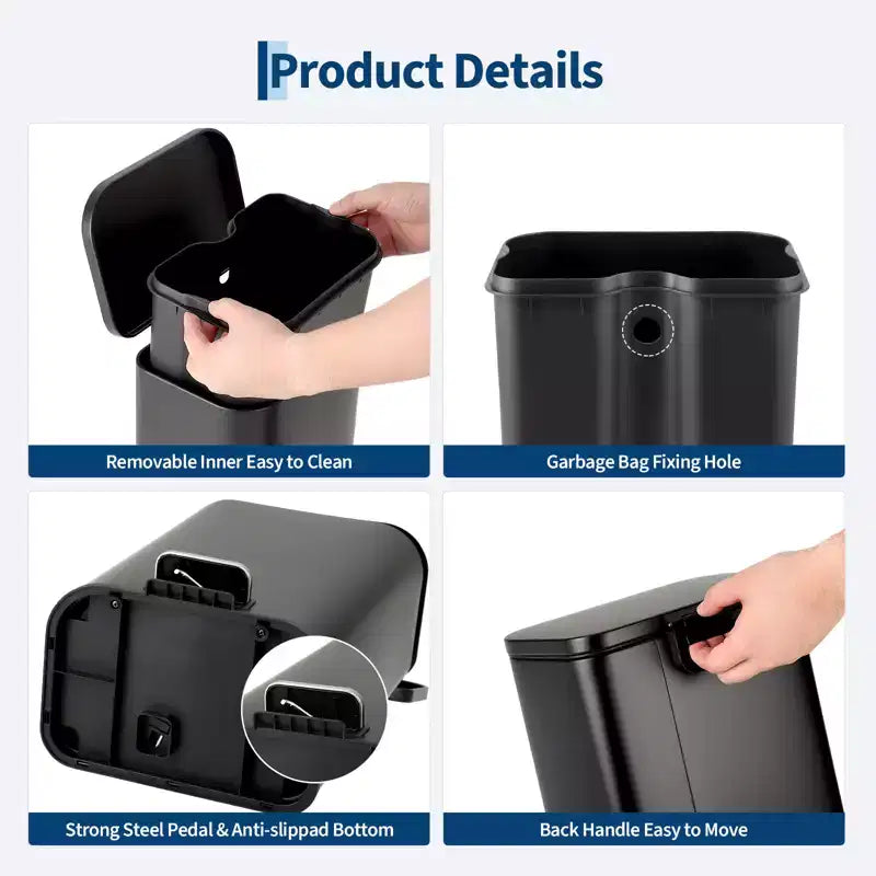 Stainless Steel Trash Can - Fingerprint-Proof,Soft-Close Lid, Removable Inner Bucket, Space-Saving Step Bin - for Kitchen, Office, Bathroom