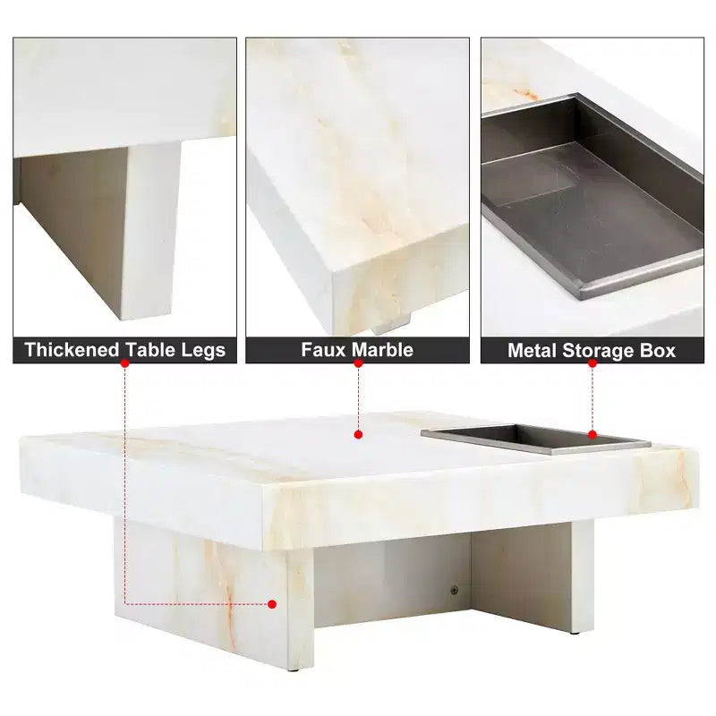 31.4 Imitation Marble MDF Coffee Table, Modern Practical Elegant Square Center Table for Living Room