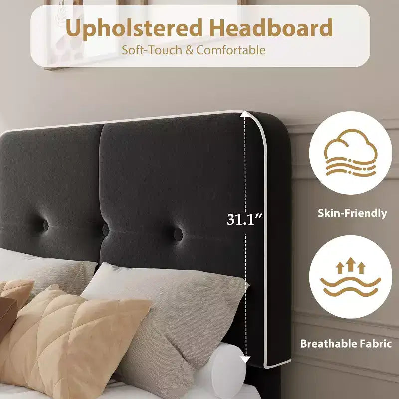 Velvet Upholstered Platform Bed Frames with Adjustable Headboard & Sturdy Metal Support, Anti-Noise EVA Sponge, No Box Spring Needed
