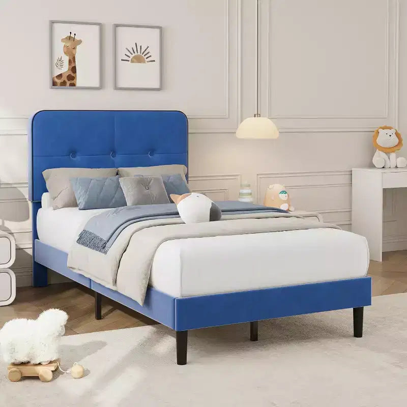 Velvet Upholstered Platform Bed Frames with Adjustable Headboard & Sturdy Metal Support, Anti-Noise EVA Sponge, No Box Spring Needed