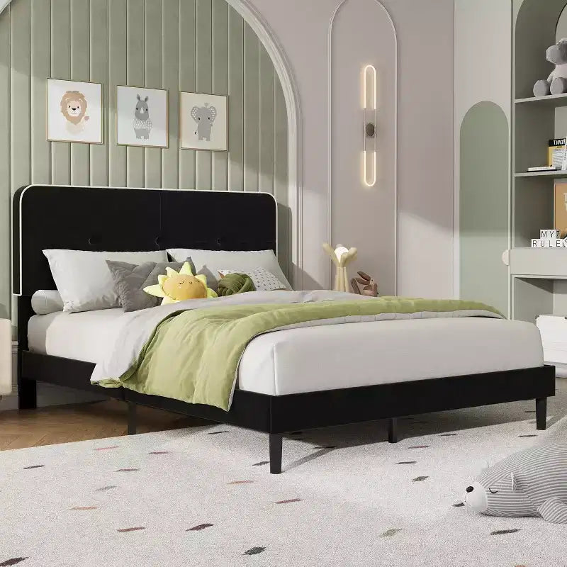 Velvet Upholstered Platform Bed Frames with Adjustable Headboard & Sturdy Metal Support, Anti-Noise EVA Sponge, No Box Spring Needed