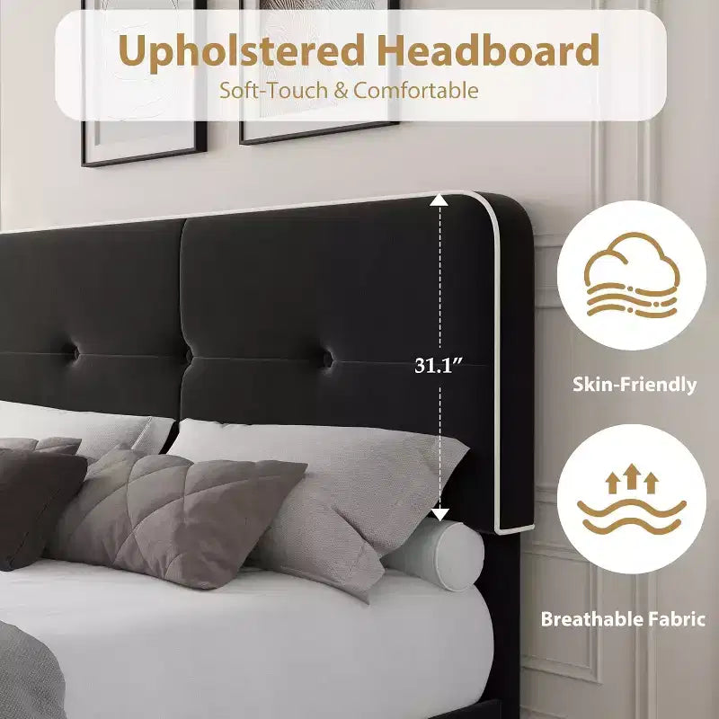 Velvet Upholstered Platform Bed Frames with Adjustable Headboard & Sturdy Metal Support, Anti-Noise EVA Sponge, No Box Spring Needed