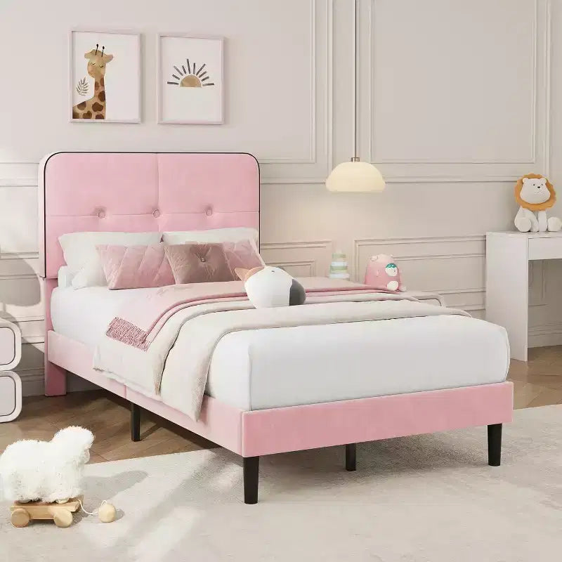 Velvet Upholstered Platform Bed Frames with Adjustable Headboard & Sturdy Metal Support, Anti-Noise EVA Sponge, No Box Spring Needed