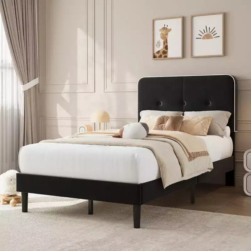 Velvet Upholstered Platform Bed Frames with Adjustable Headboard & Sturdy Metal Support, Anti-Noise EVA Sponge, No Box Spring Needed