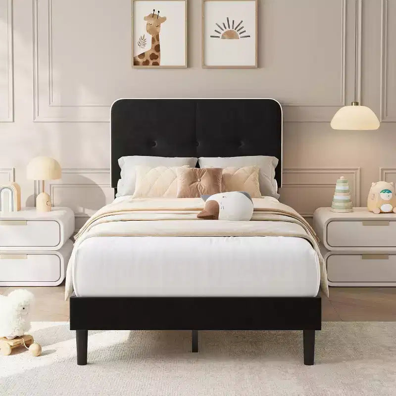 Velvet Upholstered Platform Bed Frames with Adjustable Headboard & Sturdy Metal Support, Anti-Noise EVA Sponge, No Box Spring Needed