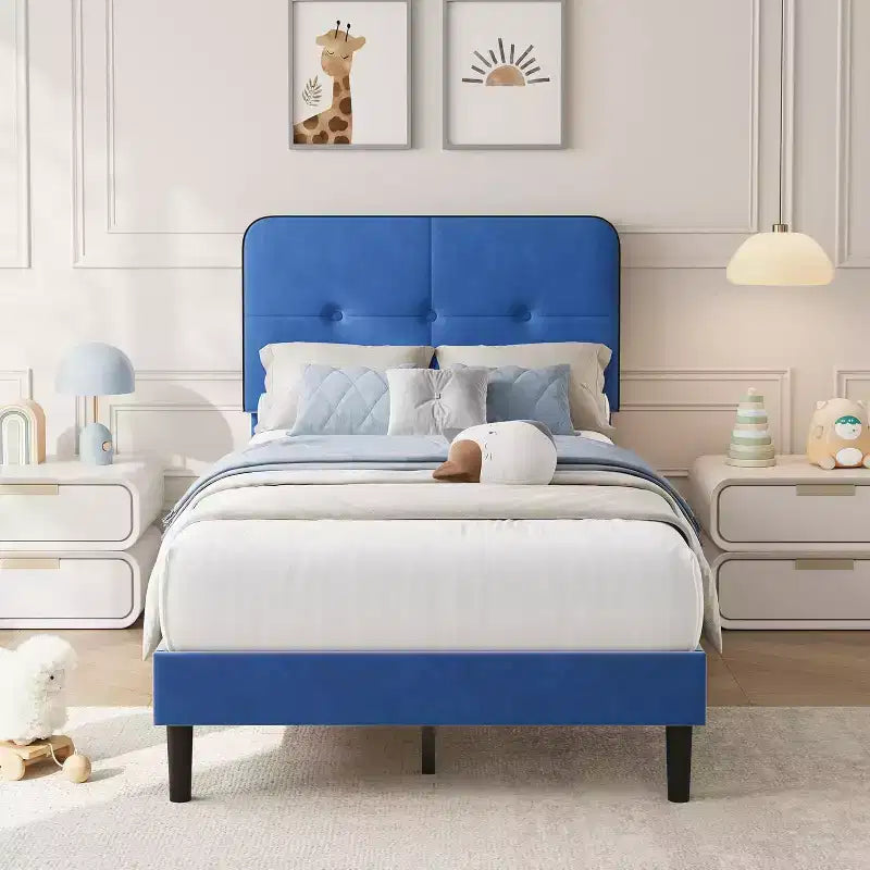 Velvet Upholstered Platform Bed Frames with Adjustable Headboard & Sturdy Metal Support, Anti-Noise EVA Sponge, No Box Spring Needed