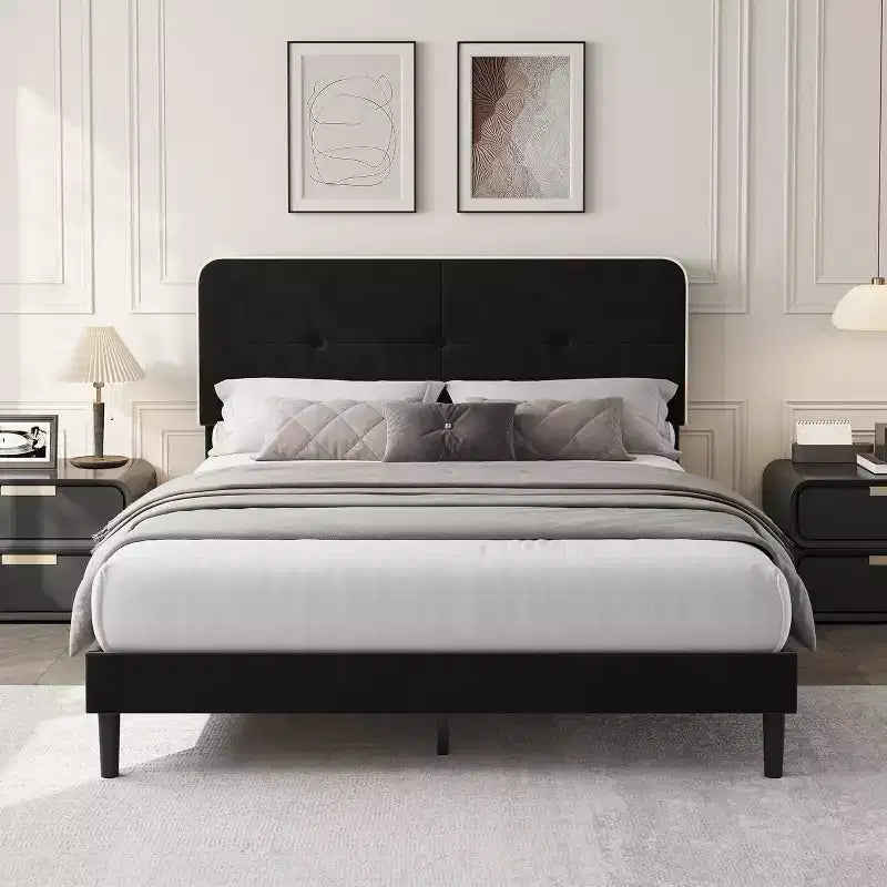 Velvet Upholstered Platform Bed Frames with Adjustable Headboard & Sturdy Metal Support, Anti-Noise EVA Sponge, No Box Spring Needed