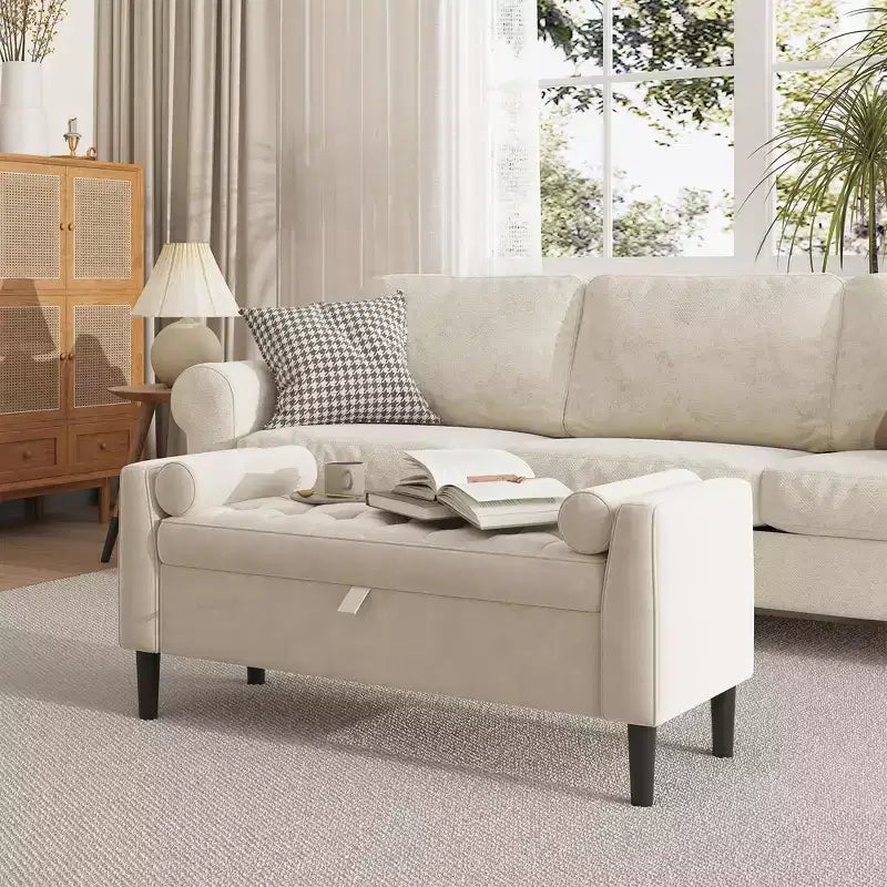 46.5 Button-Tufted Storage Ottoman Bench w/ Rolled Arms & Vintage Rivets, Upholstered End of Bed Bench & Shoe Storage for Bedroom & Entryway