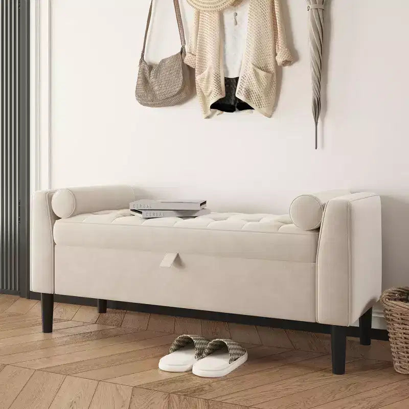 46.5 Button-Tufted Storage Ottoman Bench w/ Rolled Arms & Vintage Rivets, Upholstered End of Bed Bench & Shoe Storage for Bedroom & Entryway