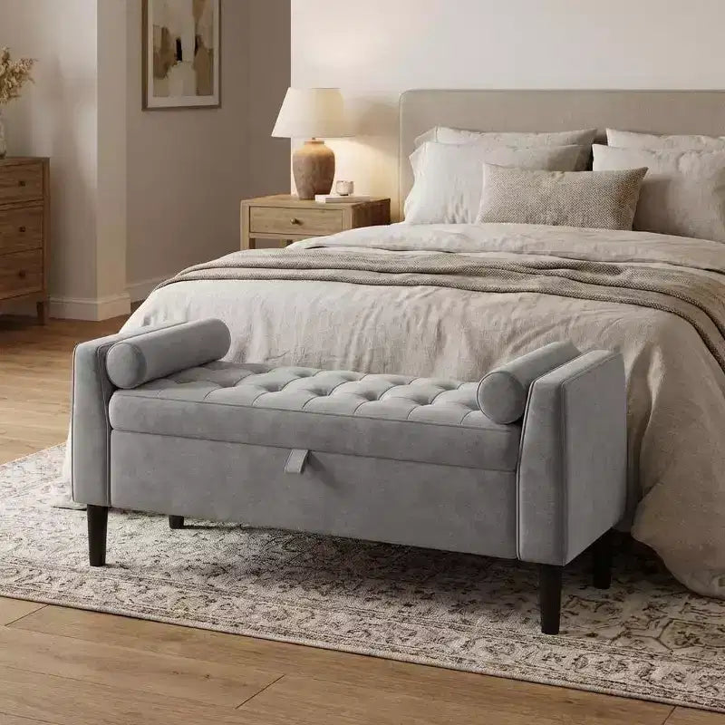 46.5 Button-Tufted Storage Ottoman Bench w/ Rolled Arms & Vintage Rivets, Upholstered End of Bed Bench & Shoe Storage for Bedroom & Entryway