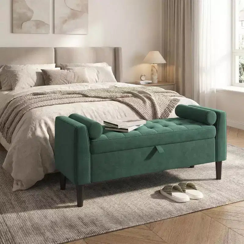 46.5 Button-Tufted Storage Ottoman Bench w/ Rolled Arms & Vintage Rivets, Upholstered End of Bed Bench & Shoe Storage for Bedroom & Entryway
