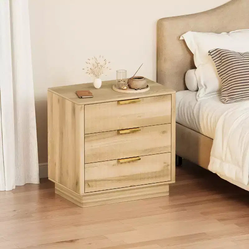 3-Drawer Fluted Wood Nightstand, 23.6 Wide Mid-Century Modern Bedside Table, Storage End Side Table w/ Metal Handles for Bedroom & Living Room