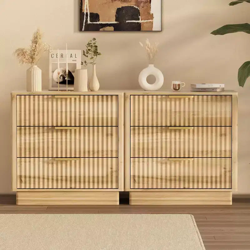 3-Drawer Fluted Wood Nightstand, 23.6 Wide Mid-Century Modern Bedside Table, Storage End Side Table w/ Metal Handles for Bedroom & Living Room