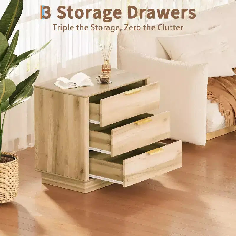 3-Drawer Fluted Wood Nightstand, 23.6 Wide Mid-Century Modern Bedside Table, Storage End Side Table w/ Metal Handles for Bedroom & Living Room