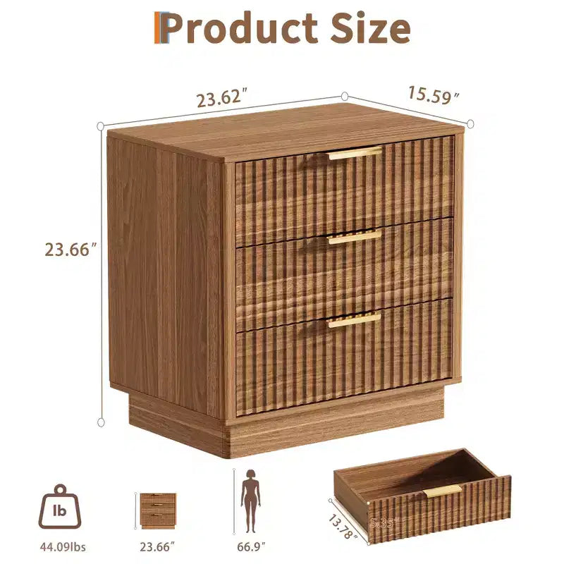3-Drawer Fluted Wood Nightstand, 23.6 Wide Mid-Century Modern Bedside Table, Storage End Side Table w/ Metal Handles for Bedroom & Living Room