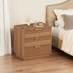 3-Drawer Fluted Wood Nightstand, 23.6 Wide Mid-Century Modern Bedside Table, Storage End Side Table w/ Metal Handles for Bedroom & Living Room