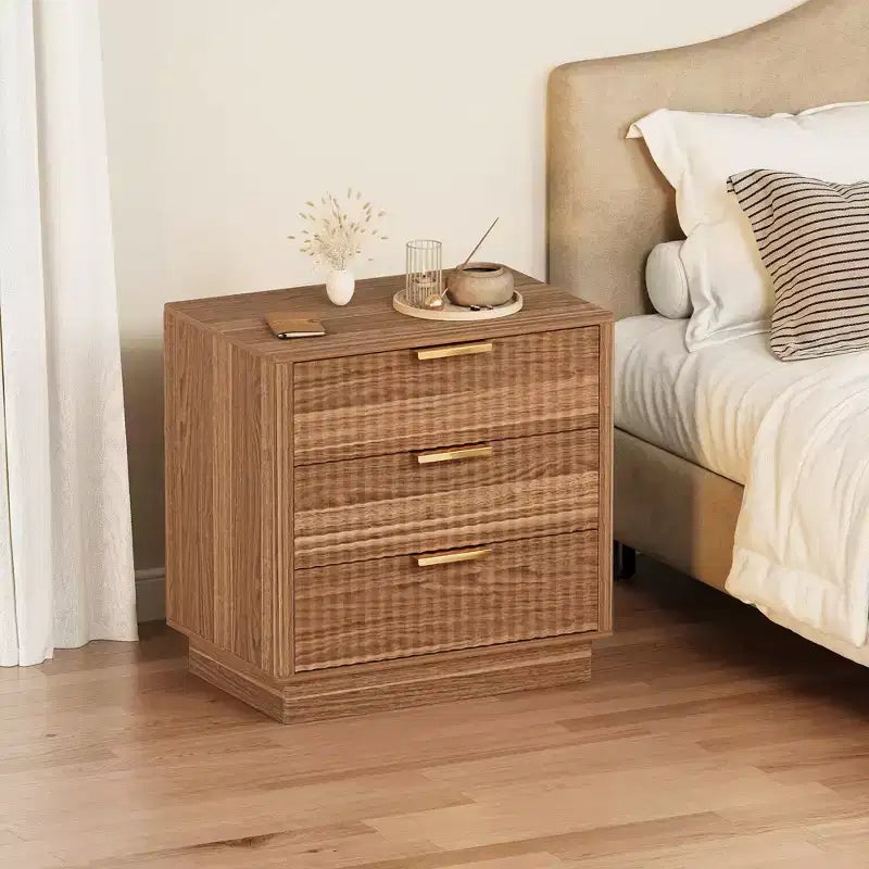 3-Drawer Fluted Wood Nightstand, 23.6 Wide Mid-Century Modern Bedside Table, Storage End Side Table w/ Metal Handles for Bedroom & Living Room