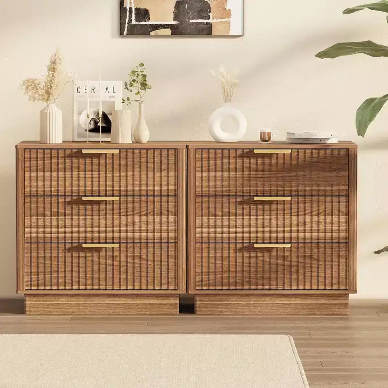 3-Drawer Fluted Wood Nightstand, 23.6 Wide Mid-Century Modern Bedside Table, Storage End Side Table w/ Metal Handles for Bedroom & Living Room