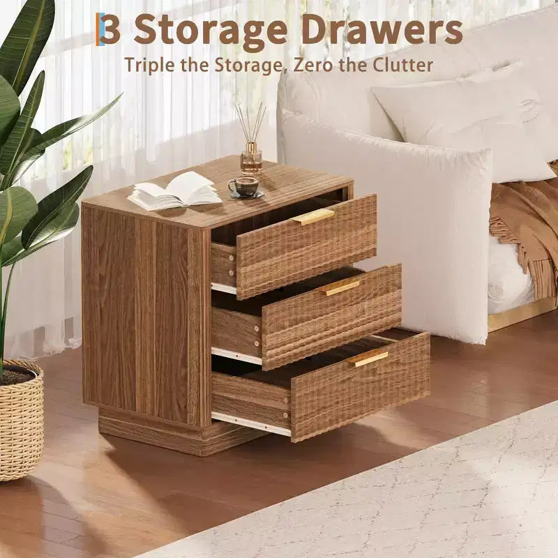 3-Drawer Fluted Wood Nightstand, 23.6 Wide Mid-Century Modern Bedside Table, Storage End Side Table w/ Metal Handles for Bedroom & Living Room