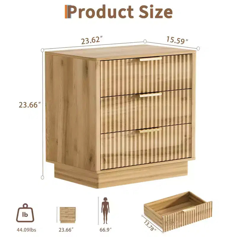 3-Drawer Fluted Wood Nightstand, 23.6 Wide Mid-Century Modern Bedside Table, Storage End Side Table w/ Metal Handles for Bedroom & Living Room