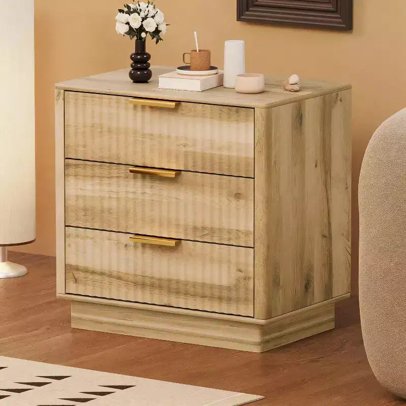 3-Drawer Fluted Wood Nightstand, 23.6 Wide Mid-Century Modern Bedside Table, Storage End Side Table w/ Metal Handles for Bedroom & Living Room