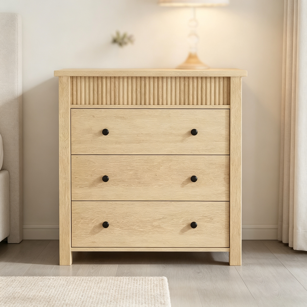 Commode et table de chevet à 3 tiroirs cannelés, commode en bois avec rangement