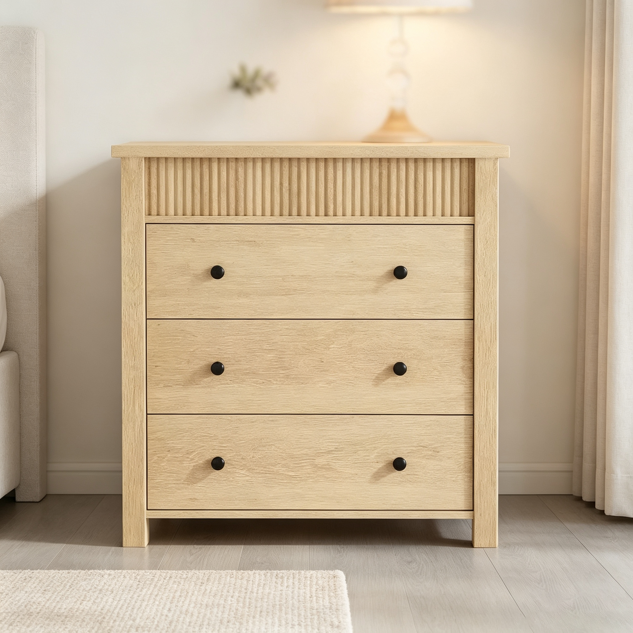 Commode et table de chevet à 3 tiroirs cannelés, commode en bois avec rangement